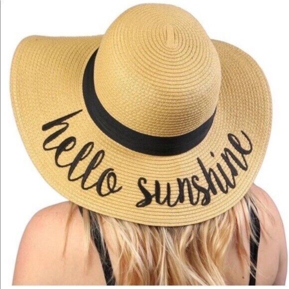 NEW Sun Hat CC Creations Beach Straw Embroidered "Hello Sunshine"_Large Floppy